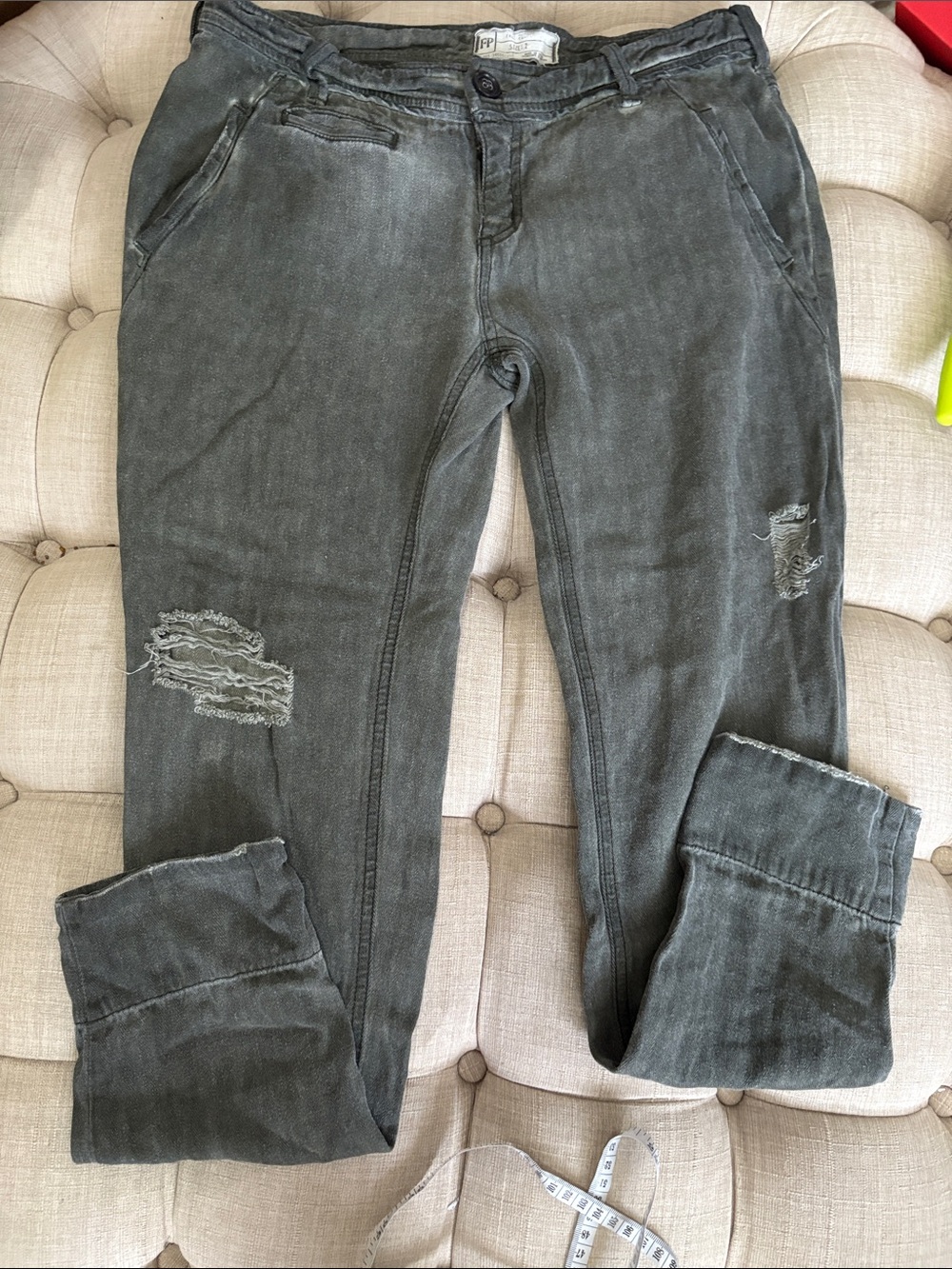 Free People Vintage Washed green  Skinny Jeans with Distressed Knees